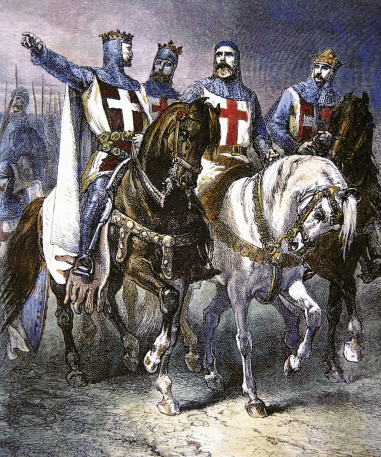 Leaders of the First Crusade, all sporting the Christian cross, include, left to right, Godfrey of Bouillon, Baldwin of Bouillon, Raymond of Toulouse, and Bohemond of Taranto.