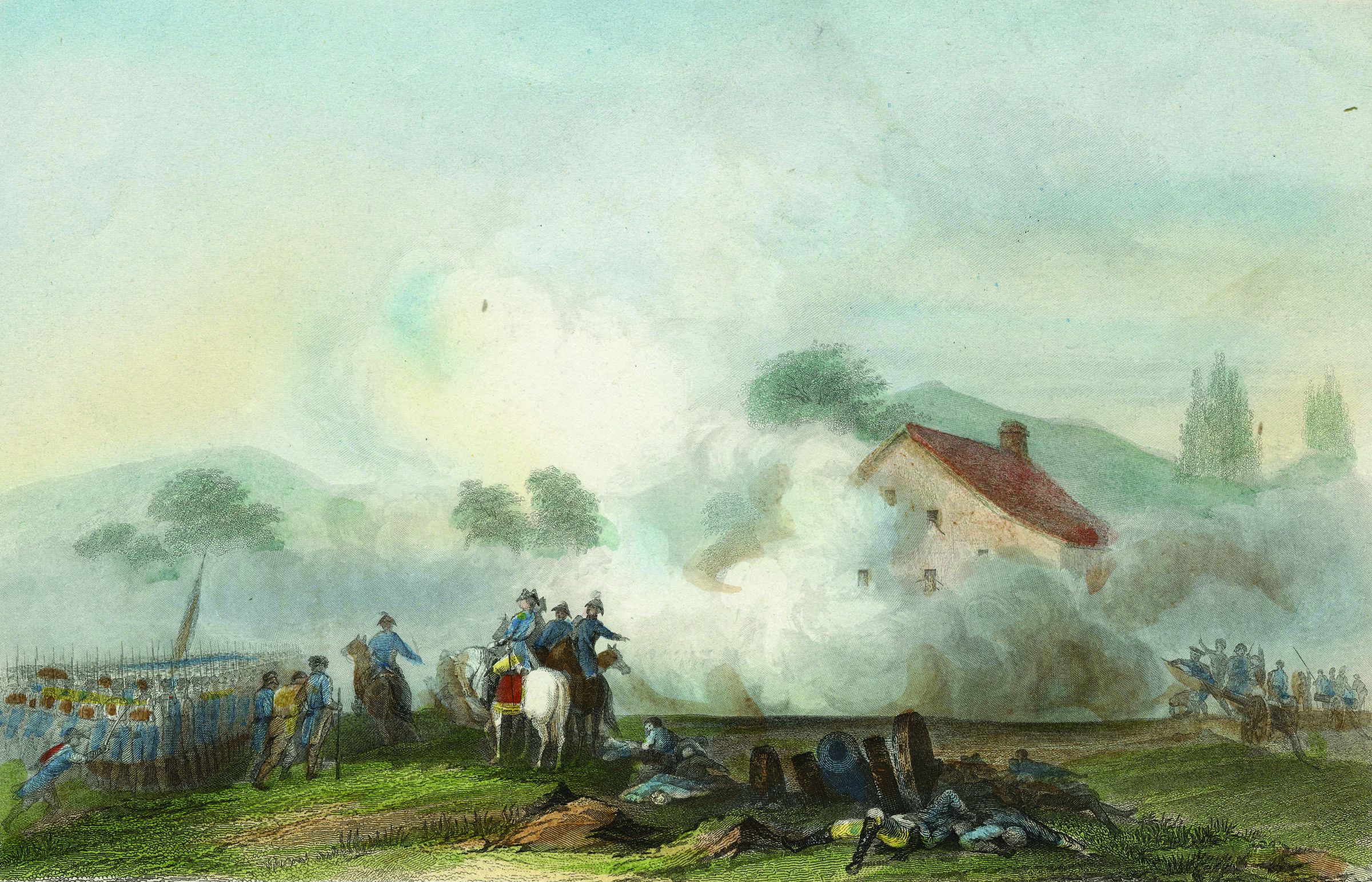 American artillery continues to fire on the Patrick Roche mansion, while implausibly well-aligned troops march by on the left. In fact, many Continental troops broke away to pillage the British camp. 