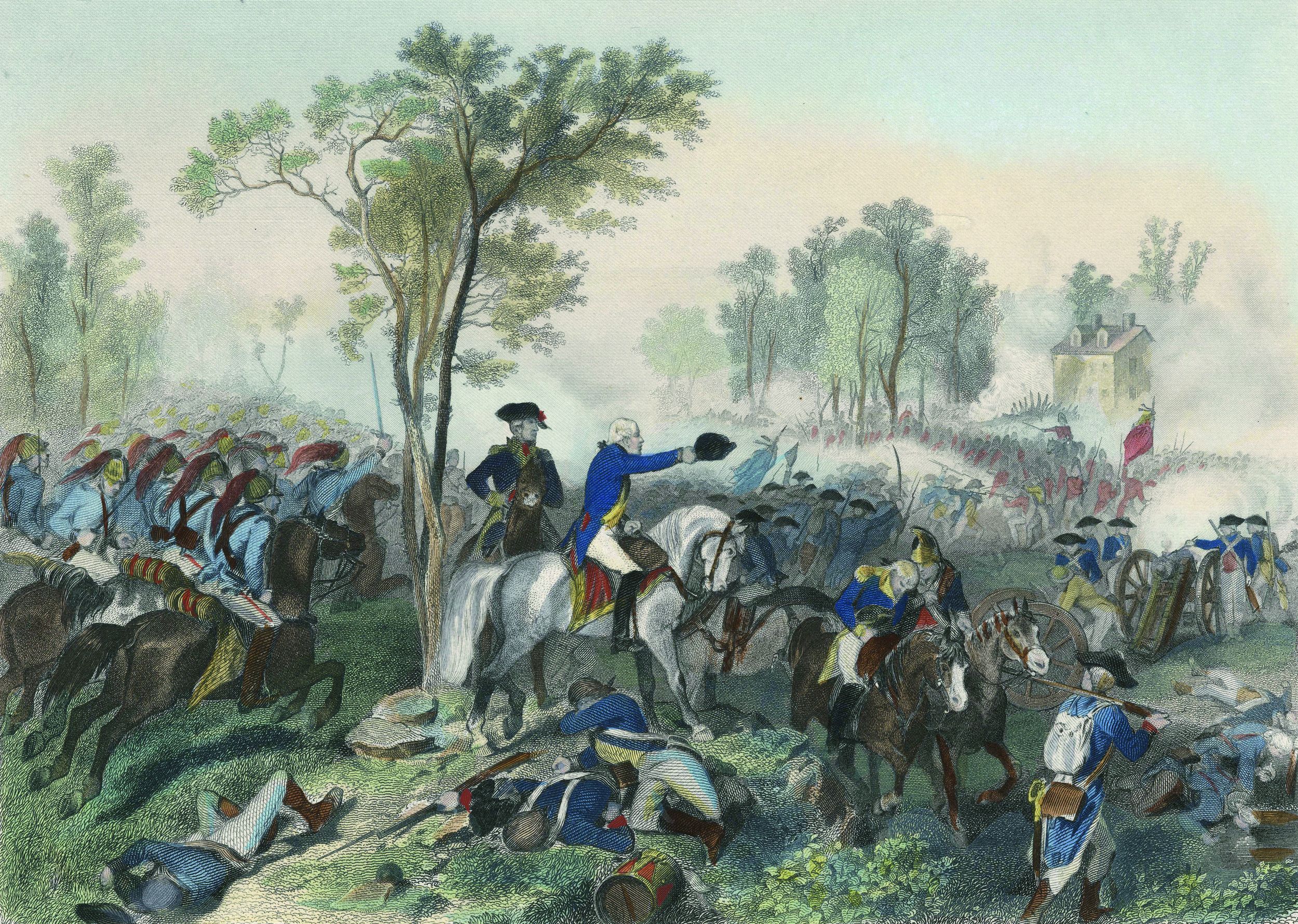 With Maj. Gen. Nathanael Greene urging them on, American forces push back British and Loyalist troops at Eutaw Springs while Lieutenant William Gaines’s artillery blasts away. 