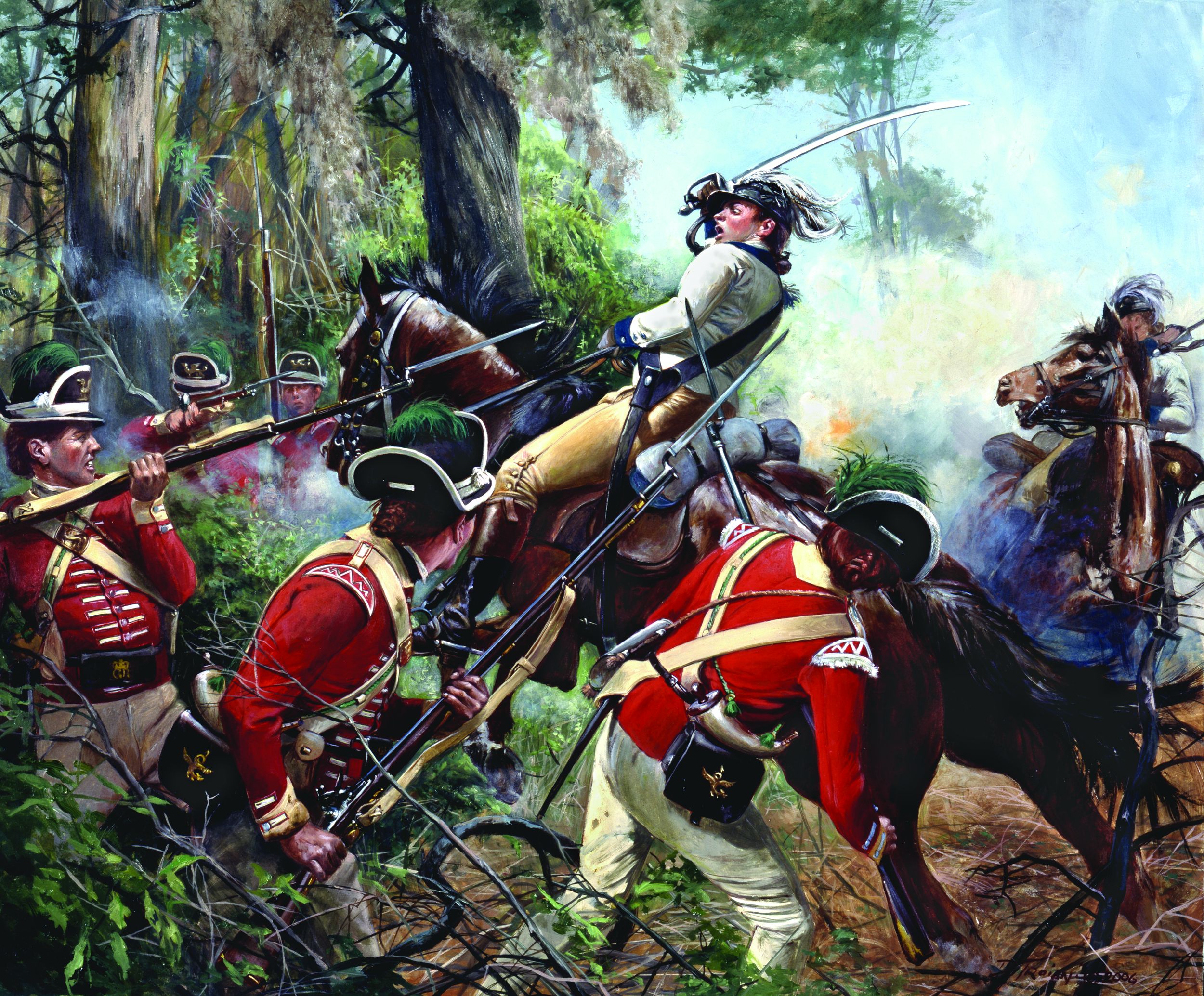 Sword-wielding Lt. Col. William Washington, leading the 3rd Continental Dragoons, is surrounded and captured by British redcoats at the Battle of Eutaw Springs. Painting by Don Troiani.