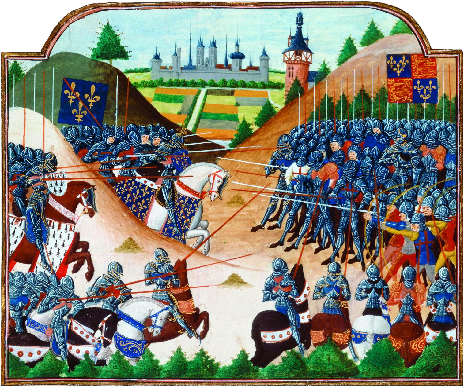 A contemporary illuminated manuscript shows the victorious French Army fighting under its familiar blue-and-gold fleur-de-lis flags at Formigny.