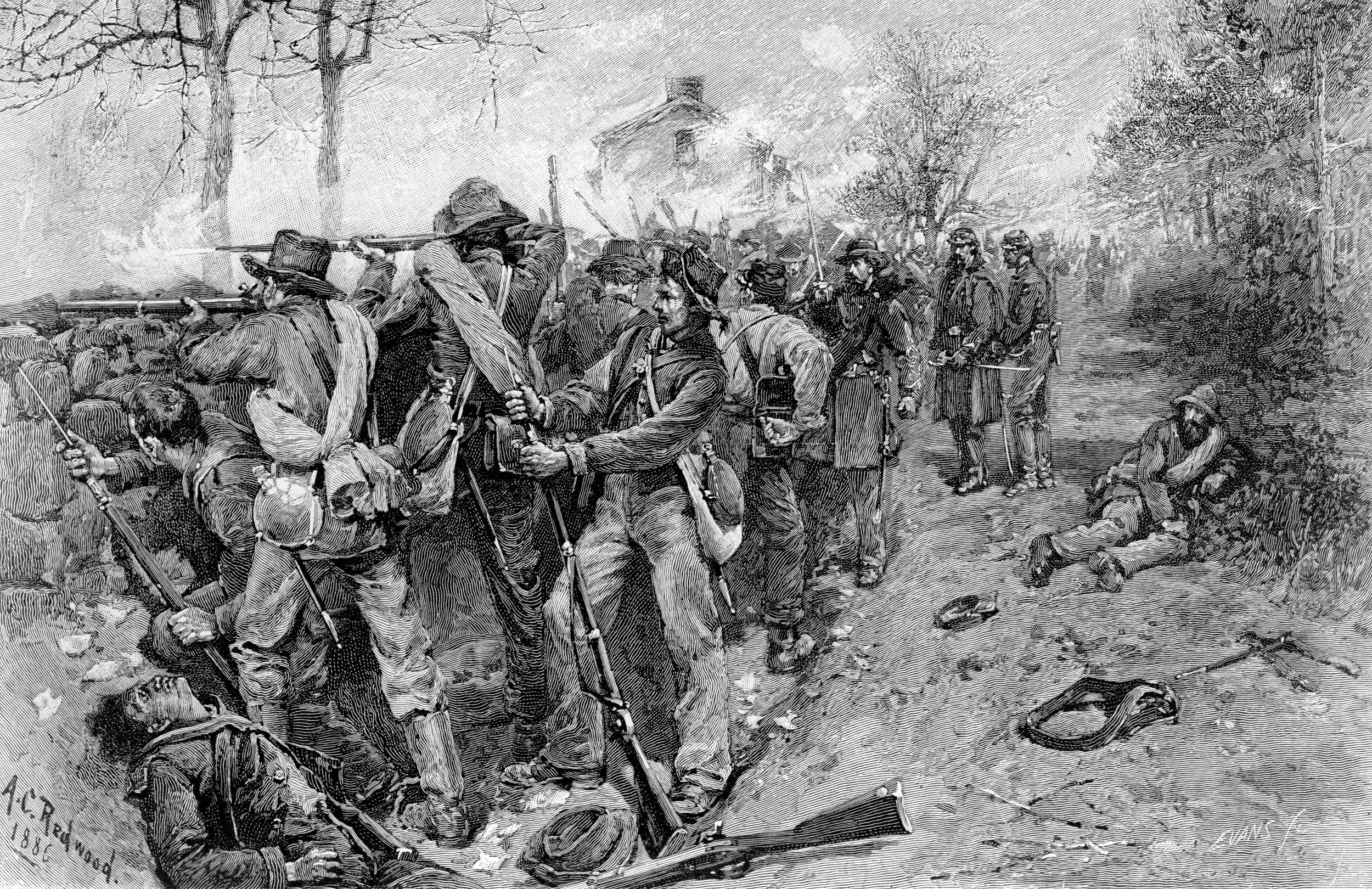 Deadeye Confederate marksmen under Brigadier Generals Thomas Cobb and Joseph Kershaw pepper Union attackers from behind the stone wall on Marye’s Heights. 