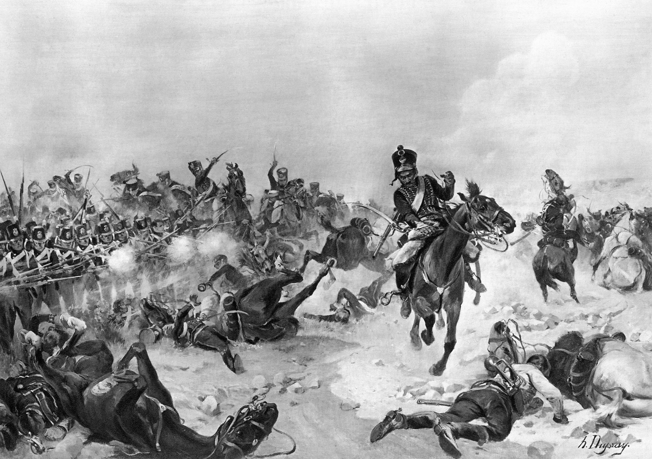 French cavalry attack the British infantry, which has formed into its well-known battle squares to deliver massed rifle volleys. 