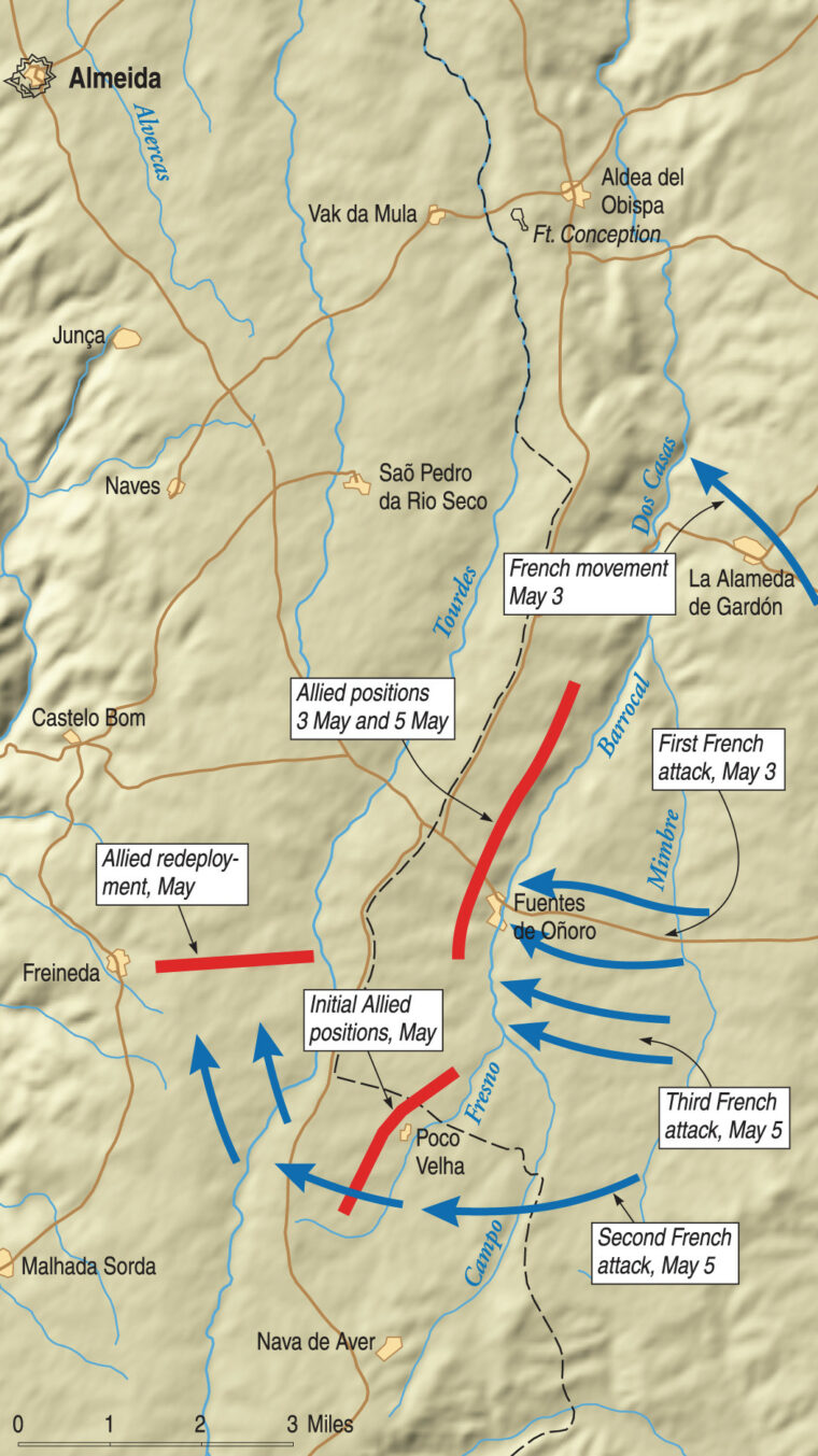 The British held a formidable eight-mile line behind the Dos Casas River at Fuentes de Onoro. The French had no choice but to attack head-on.