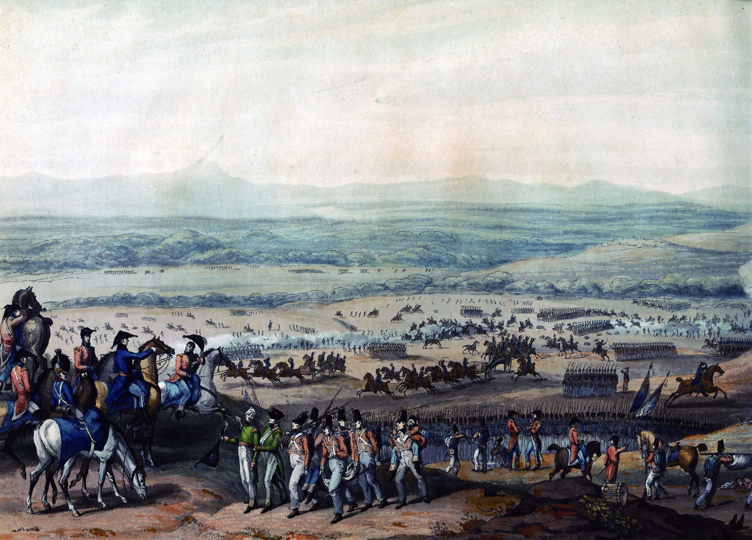 Wellington, mounted at left, calmly directs the British right flank at Fuentes de Onoro. The right was comprised of the 1st, 3rd, and 7th Divisions.