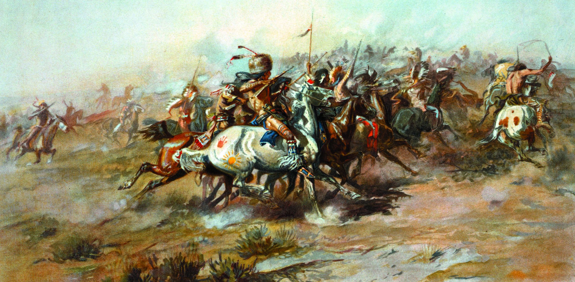 Lieutenant Colonel George Armstrong Custer and his men rode to their deaths at the Battle of Little Bighorn on June 15, 1876. Painting by C.M. Russell, 1903.