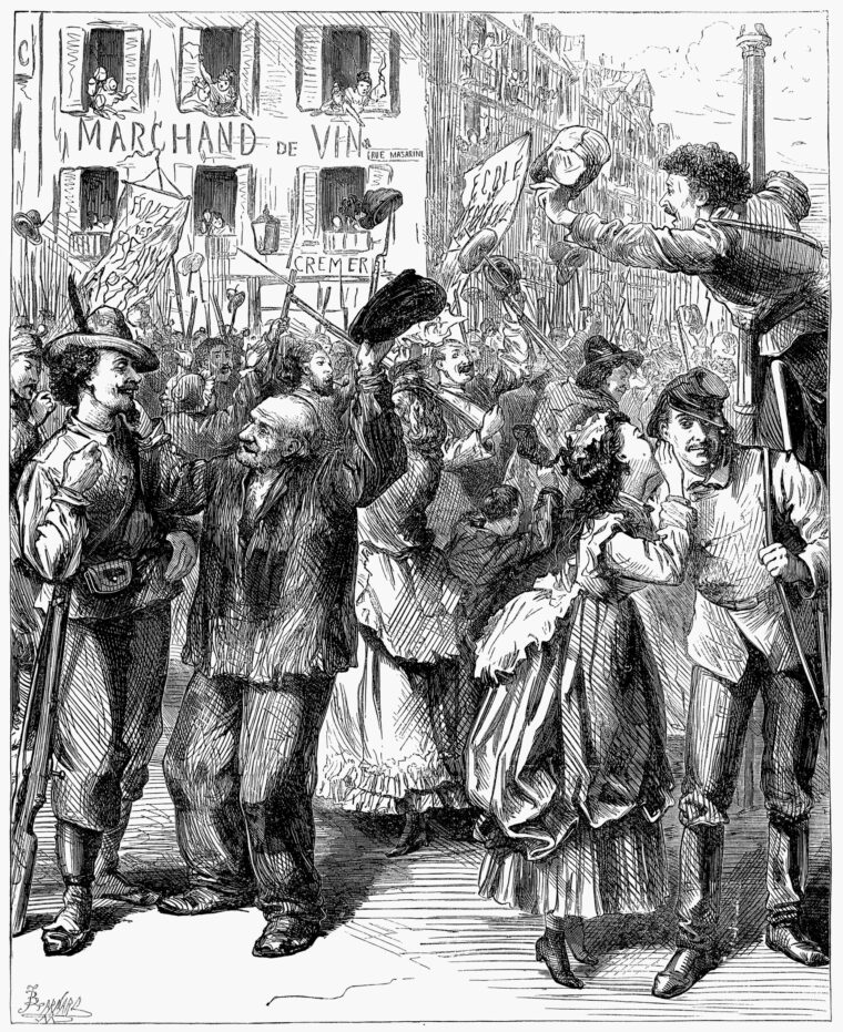 Parisians rushed to the barricades to defend their beloved city from Prussian attackers. In this image from the Illustrated London News, students join the ranks.