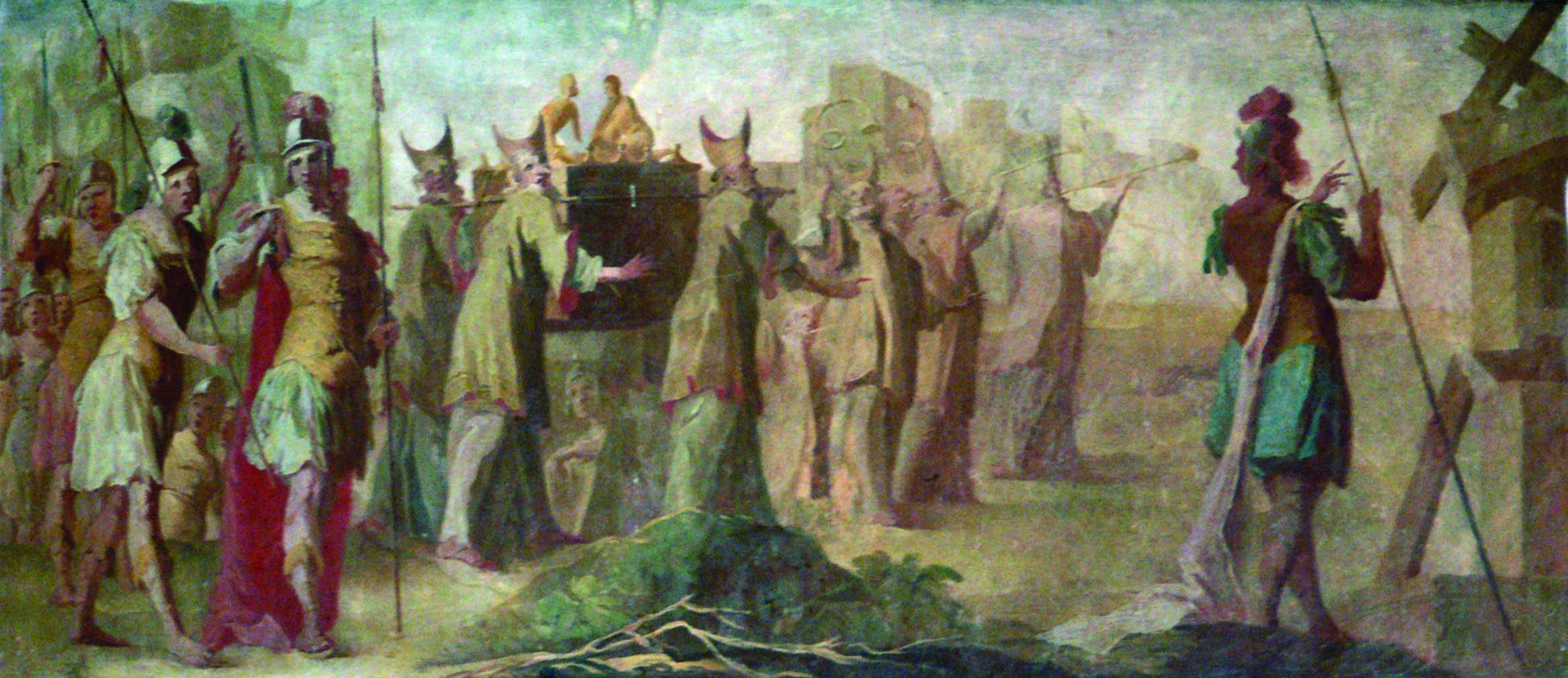 Jewish priests attached to Joshua’s army reverently bear the sacred Ark of the Covenant across the Jordan River.
