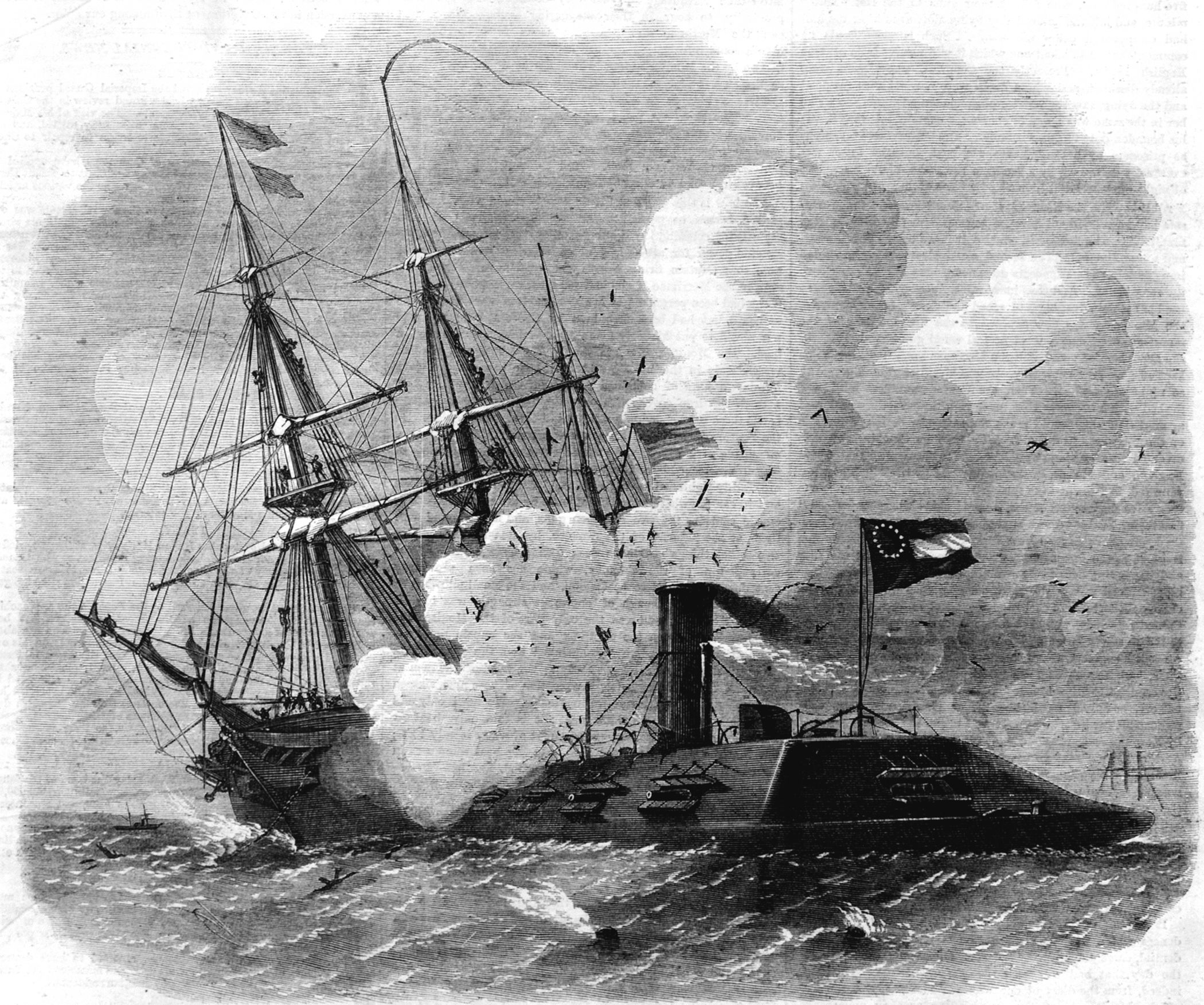 Confederate ironclad Virginia attacks Selfridge’s sloop Cumberland at Hampton Roads, 1862.