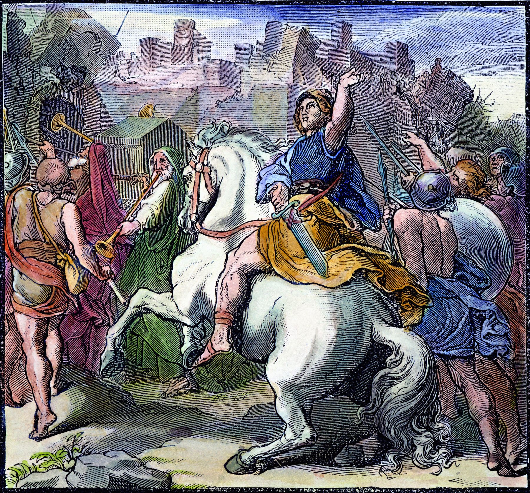  A mounted Joshua, drawing his sword, leads the Israelite forces besieging Jericho in this 19th-century engraving.