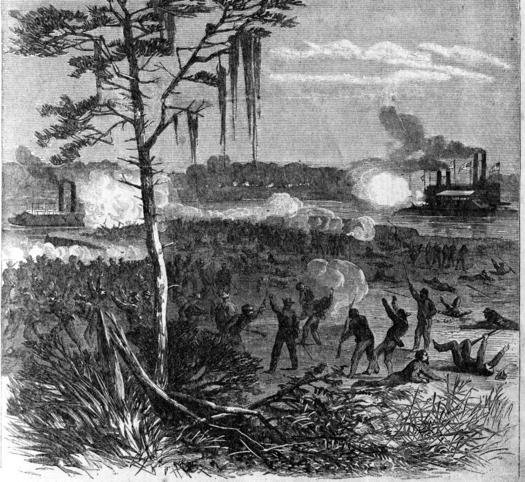 Confederate sharpshooters attack Union gunboats on the Red River in Louisiana. 