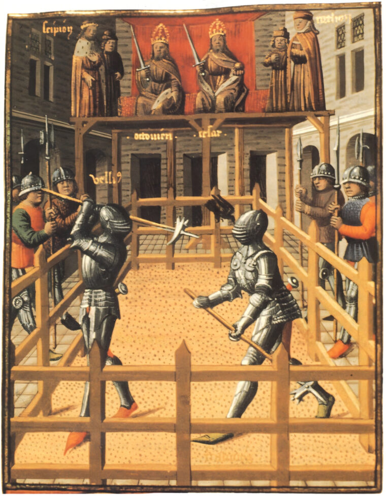 Knights armed with polearms adopted from war hammers fight a tournament in this 15th-century manuscript illustration.