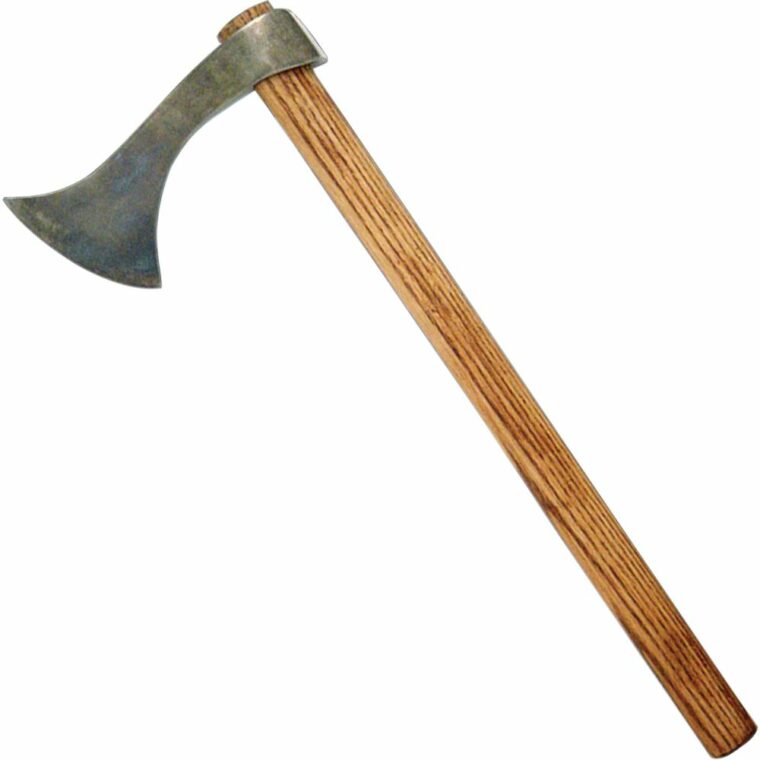 A modern-day reproduction of the s-shaped francisca battle-ax.