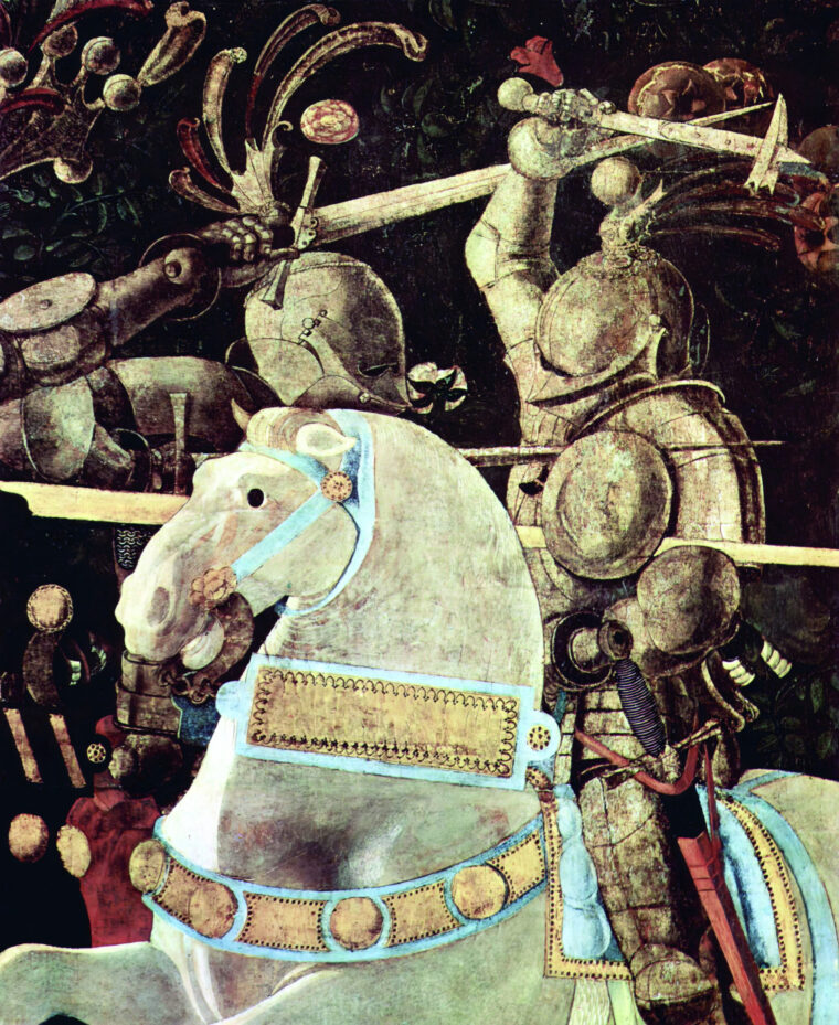 A 15th-century mounted knight wields a war hammer to deadly effect.