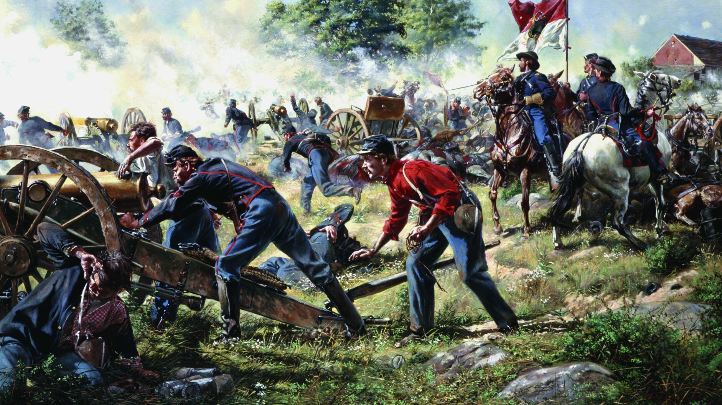 The 9th Massachusetts Battery fights a desperate rear-guard action near the Trostle Farm at Gettysburg, July 2, 1863. Painting by Don Troiani.