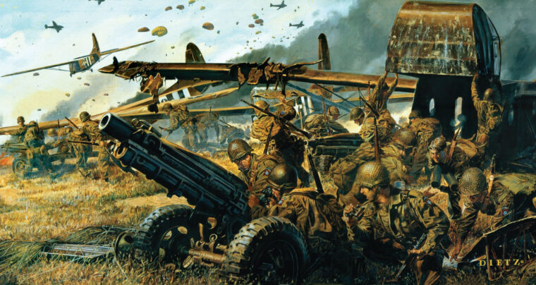 This painting by artist Jim Dietz shows 82nd Airborne Division glider infantrymen unloading a 75mm pack howitzer from a Waco CG-4A glider during Operation Market Garden, September 17, 1944. The glider proved to be an effective tool for delivering men, weapons, and equipment directly to the front lines, but it was also very dangerous.