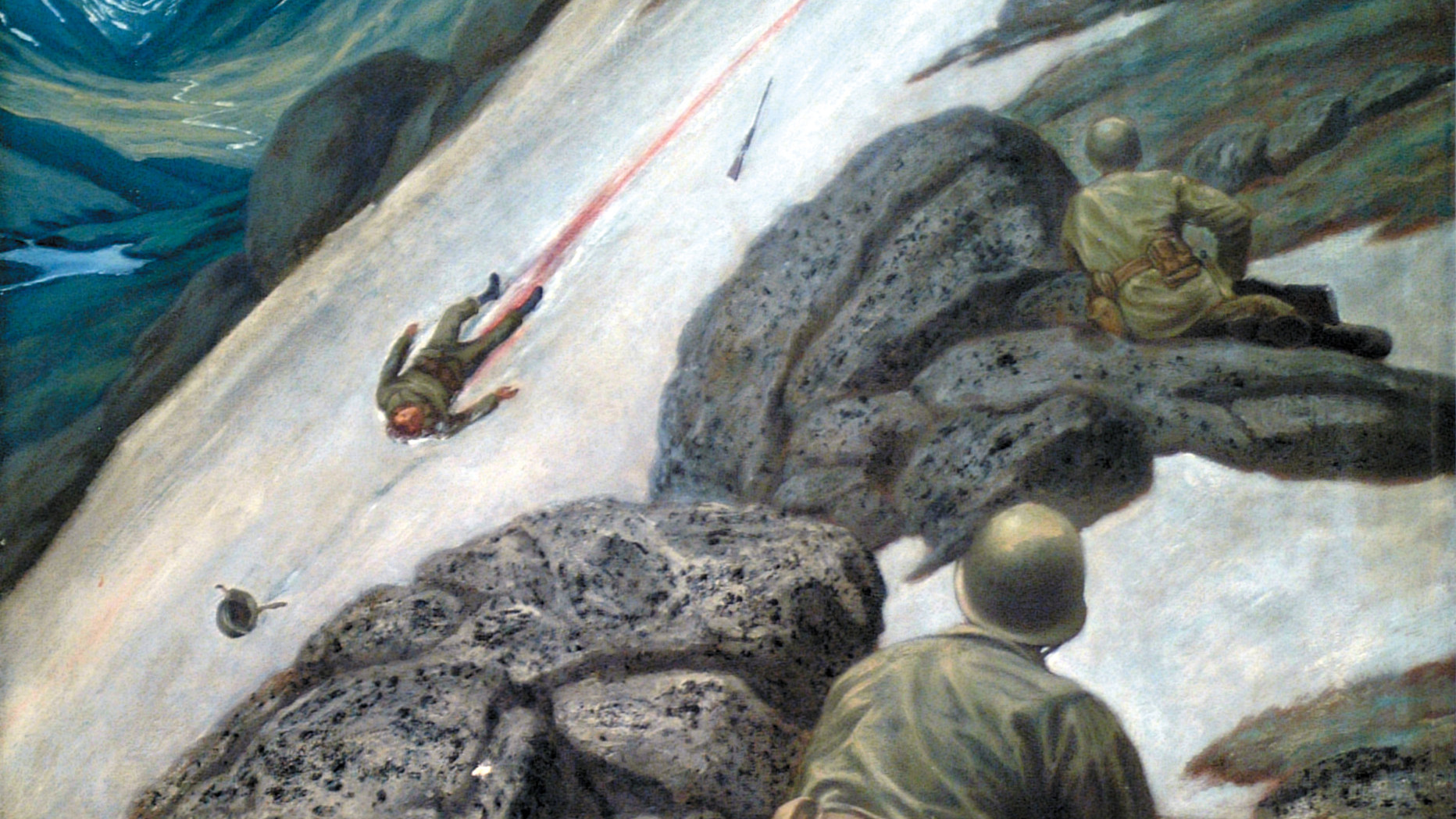 Hit by Japanese fire, a wounded American soldier slides to his icy grave in this combat painting. The bitter fighting on enemy-held Attu resulted in the recapture of the Aleutian island at a cost of 600 dead American soldiers, 1200 wounded.
