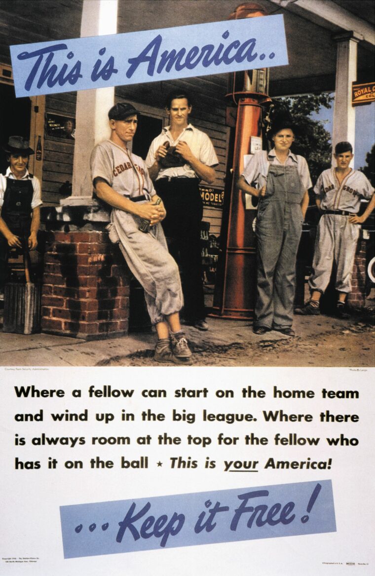 Baseball, America’s national pastime, is prominently featured in a propaganda poster from 1942. 