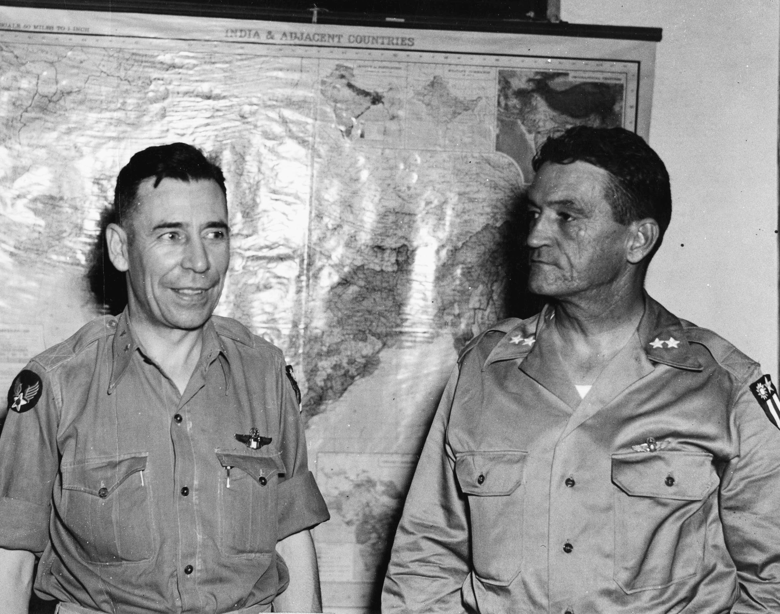 Major General Clayton Bissell (left), commander of the U.S. Tenth Air Force, and Major General Claire Chennault (right) were bitter rivals. This meeting at Tenth Air Force headquarters in Delhi, India, was strained.