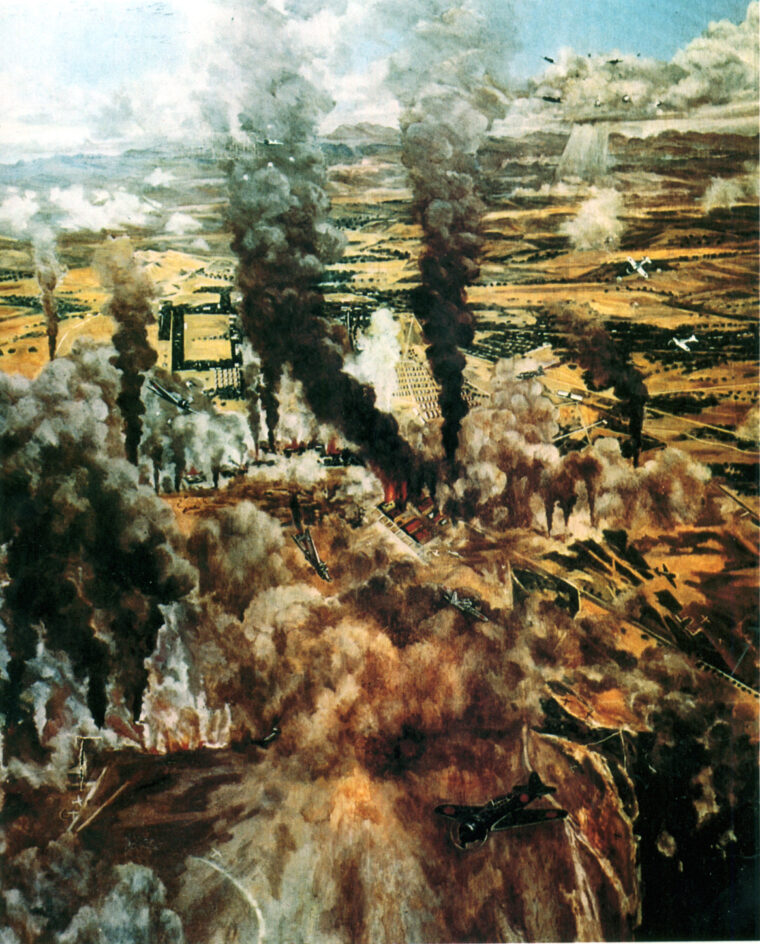 The attack on the Philippines is starkly depicted in this captured Japanese painting.