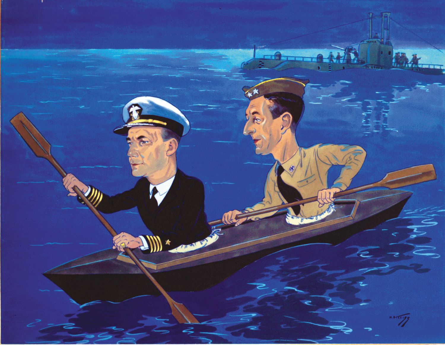 General Mark Clark and Navy Captain Jerauld Wright leave HMS Seraph in folding boats. This drawing and the one at right were done in 1943 by Algerian artist H. Kleiss for Captain Wright.