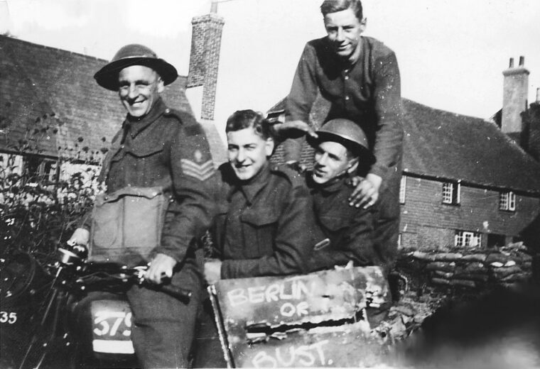 Sgt. French and Royal Engineers Gus, Mac, and Jim pose jauntily for a photograph taken during the campaign in France, summer 1940.