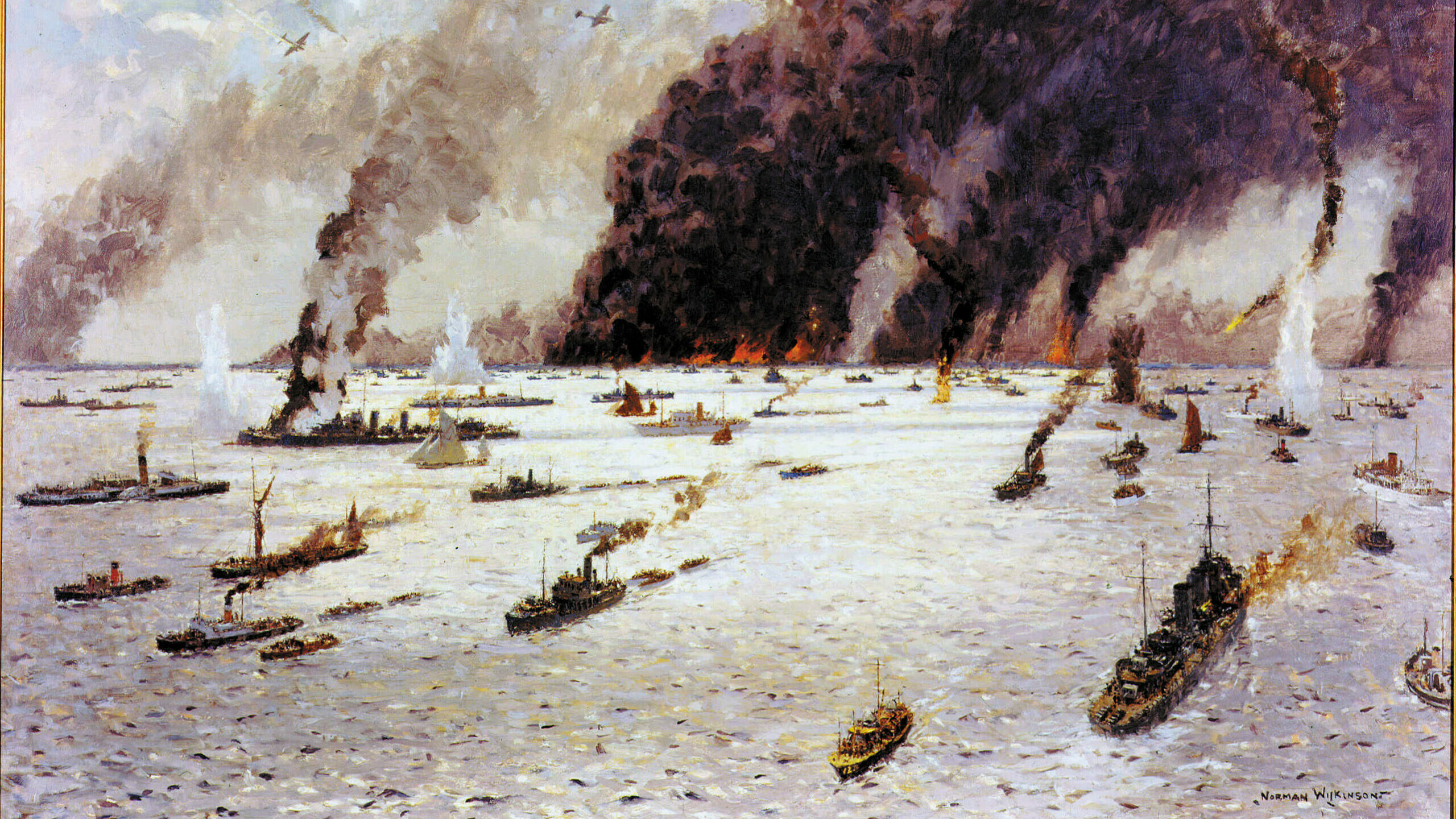 In this painting by Norman Wilkinson, the land, sea, and air around the port city of Dunkirk appear to be ablaze, beneath a pall of smoke. The epic evacuation of the British Expeditionary Force from the continent of Europe in June 1940 allowed thousands of Allied soldiers to fight another day.