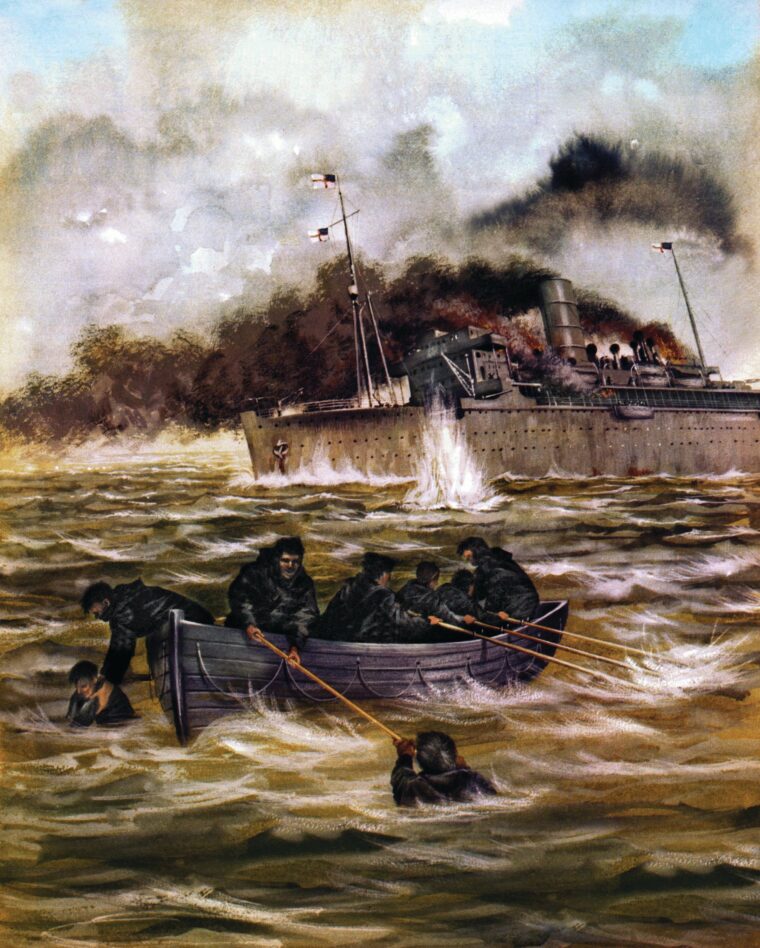 Crewmen of the stricken HMS Rawalpindi occupy one of only three serviceable lifeboats and attempt to rescue fellow sailors as their ship is pounded relentlessly by the German battlecruisers Scharnhorst and Gneisenau. 