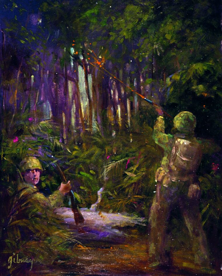 U.S. Marines attempt to hunt down a Japanese sniper in the jungles of the South Pacific.