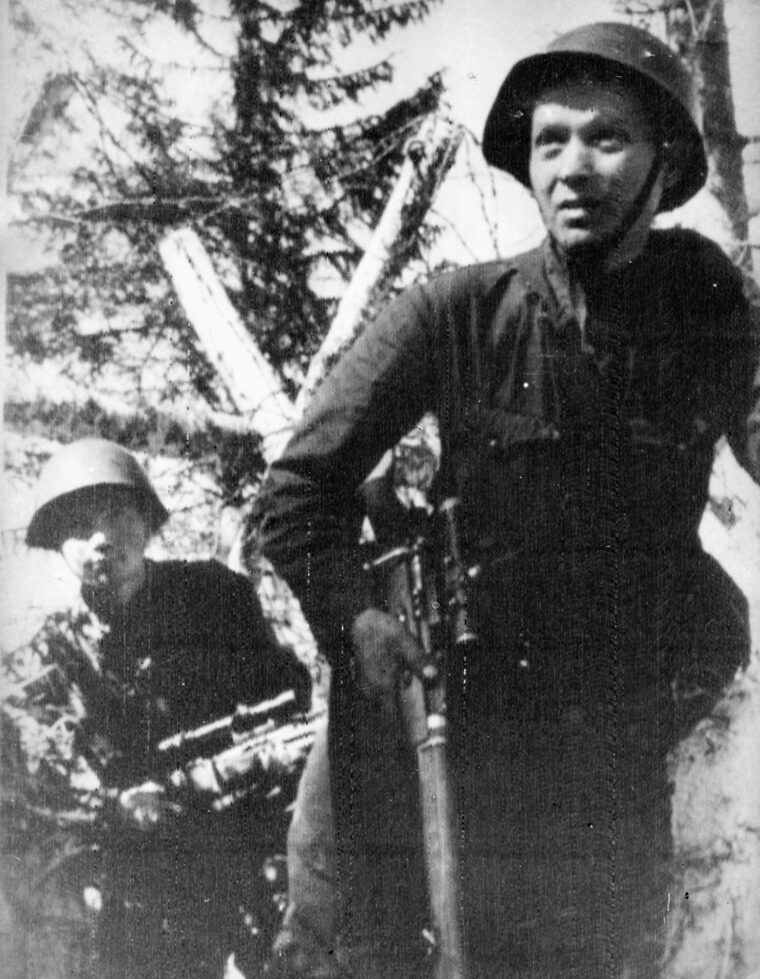 A Soviet sniper and his spotter, who claimed 114 Germans killed in a two-month period, set out on another mission. Although the Red Army propaganda machine may have inflated the number of sniper kills achieved, there is no doubt that many of these hunters were highly successful.