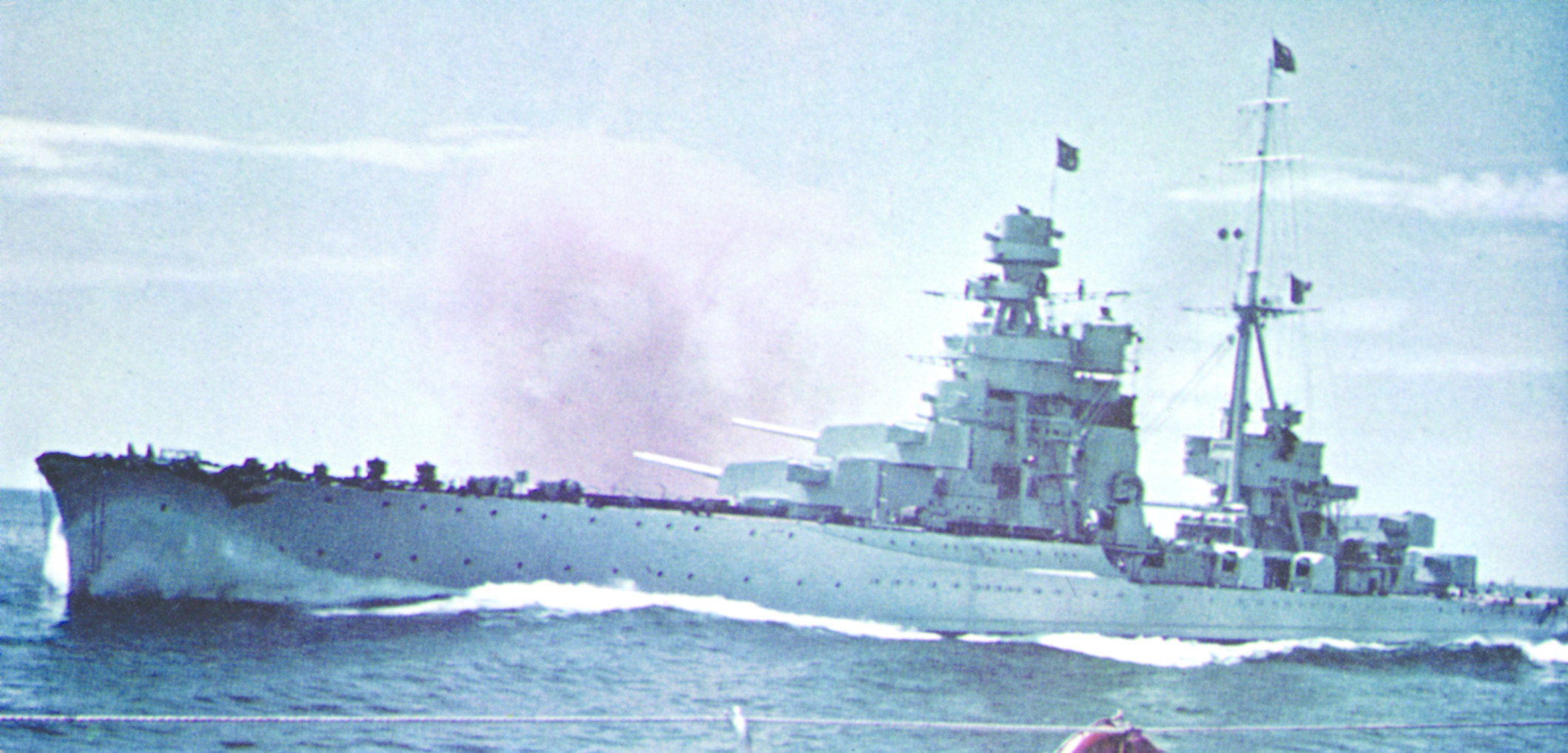 An Italian heavy cruiser of the Zara-class cuts through the waters of the Mediterranean.  Three of these warships, the Zara, Pola, and Fiume, armed with 8-inch main weapons, were lost during the Battle of Cape Matapan.