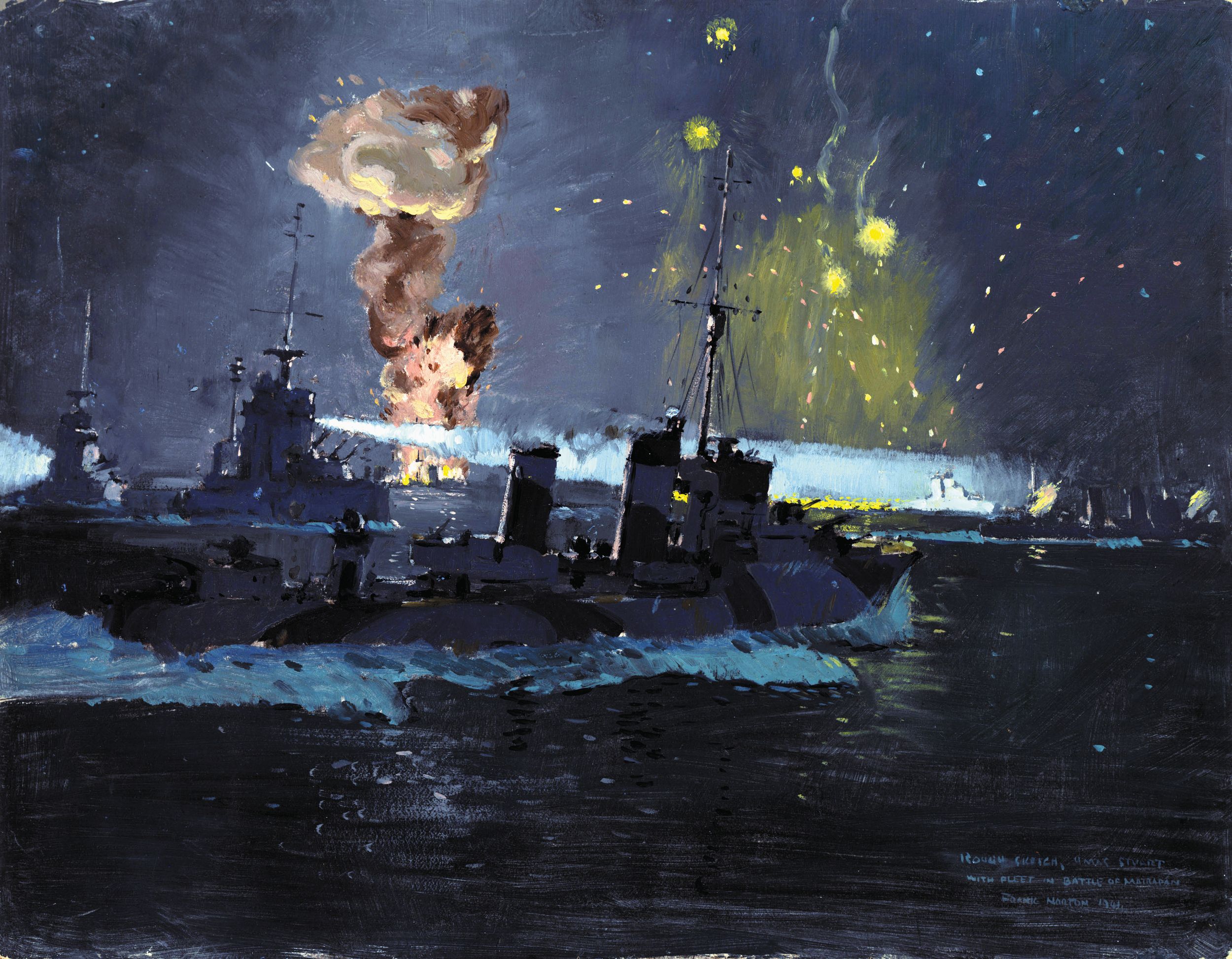 Artist Frank Norton painted this nighttime scene of the Battle of Matapan. HMAS Stuart is in the foreground, HMS Havock at left, and two Italian Zara-class destroyers in the background. Radar gave the British the advantage during night action.