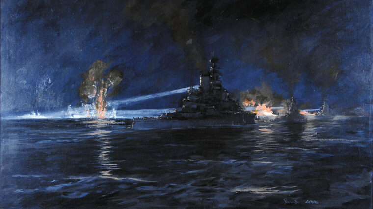 The British battleships Warspite, Valiant, and Barham fire upon the Italian cruisers Fiume and Zara during the Battle of Cape Matapan on March 28, 1941. The Italian fleet suffered a humiliating defeat in the pivotal Mediterranean engagement.