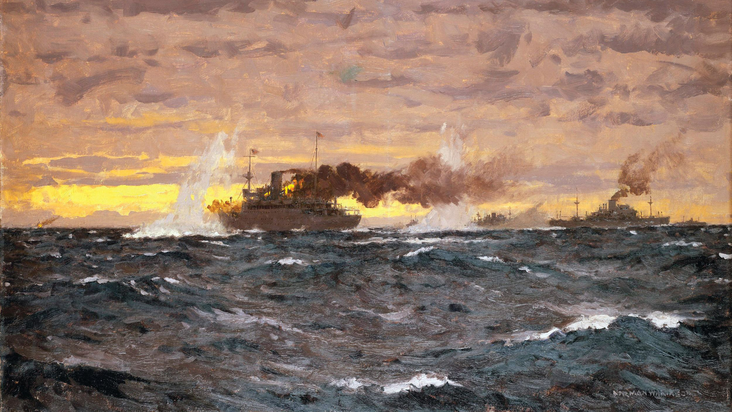 In this painting by artist Norman Wilkinson, the British armed merchant cruiser Jervis Bay is shown in flames as geysers from near-misses rise skyward. Jervis Bay’s opponent in this one-sided battle was the German pocket battleship Admiral Scheer. Although hopelessly outgunned, Jervis Bay took on Admiral Scheer in keeping with the finest traditions of the Royal Navy.