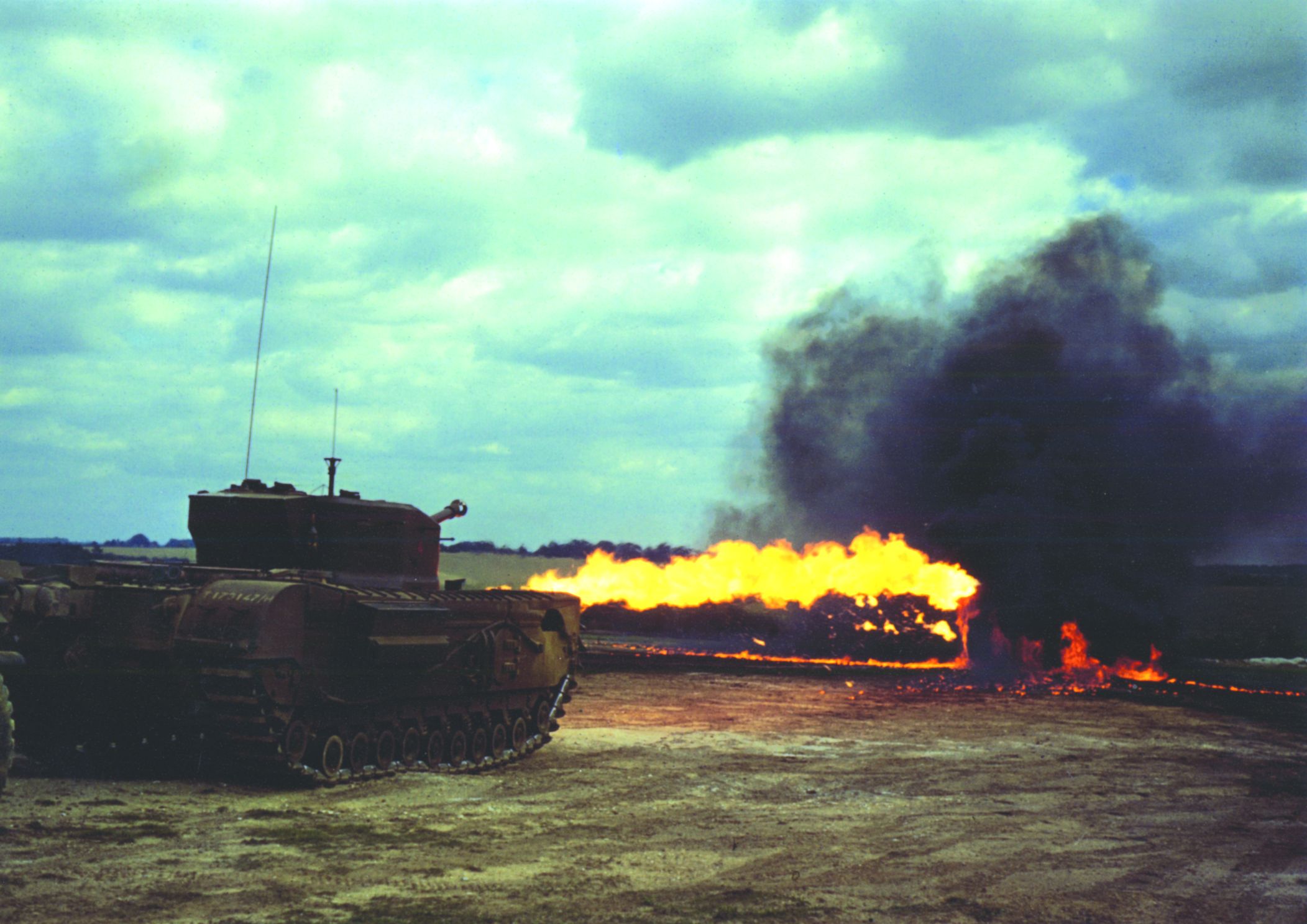 Fitted with the Crocodile flamethrower apparatus, the Churchill was a feared adversary, although its flammable petroleum was carried in an exposed trailer that was towed behind the tank. The Crocodile was capable of spewing a jet of flame 120 yards in length.