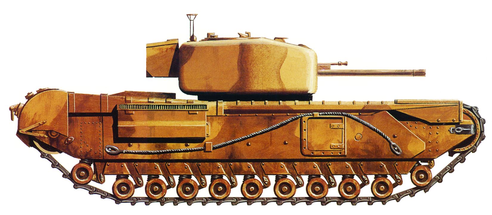 The Mk IV, a later version of the Churchill tank, offered a few improvements over the original design. In this rendering, the numerous small wheels of the tank’s drive train are clearly visible.