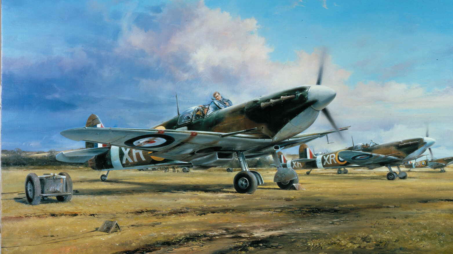 In this painting by Robert Taylor, which commemorates the 240 American pilots who volunteered to fly for the Royal Air Force, Eagle Squadron members sit in the cockpits of their Spitfires and wait for the takeoff signal.