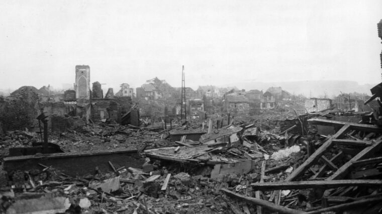 St. Vith lies a desolate ruin on February 7, 1945, days after the desperate fight for control of the key Belgian village was over. After several weeks of fighting, the Germans were forced to abandon their winter offensive and relinquish all the territory they had gained during the Battle of the Bulge.
