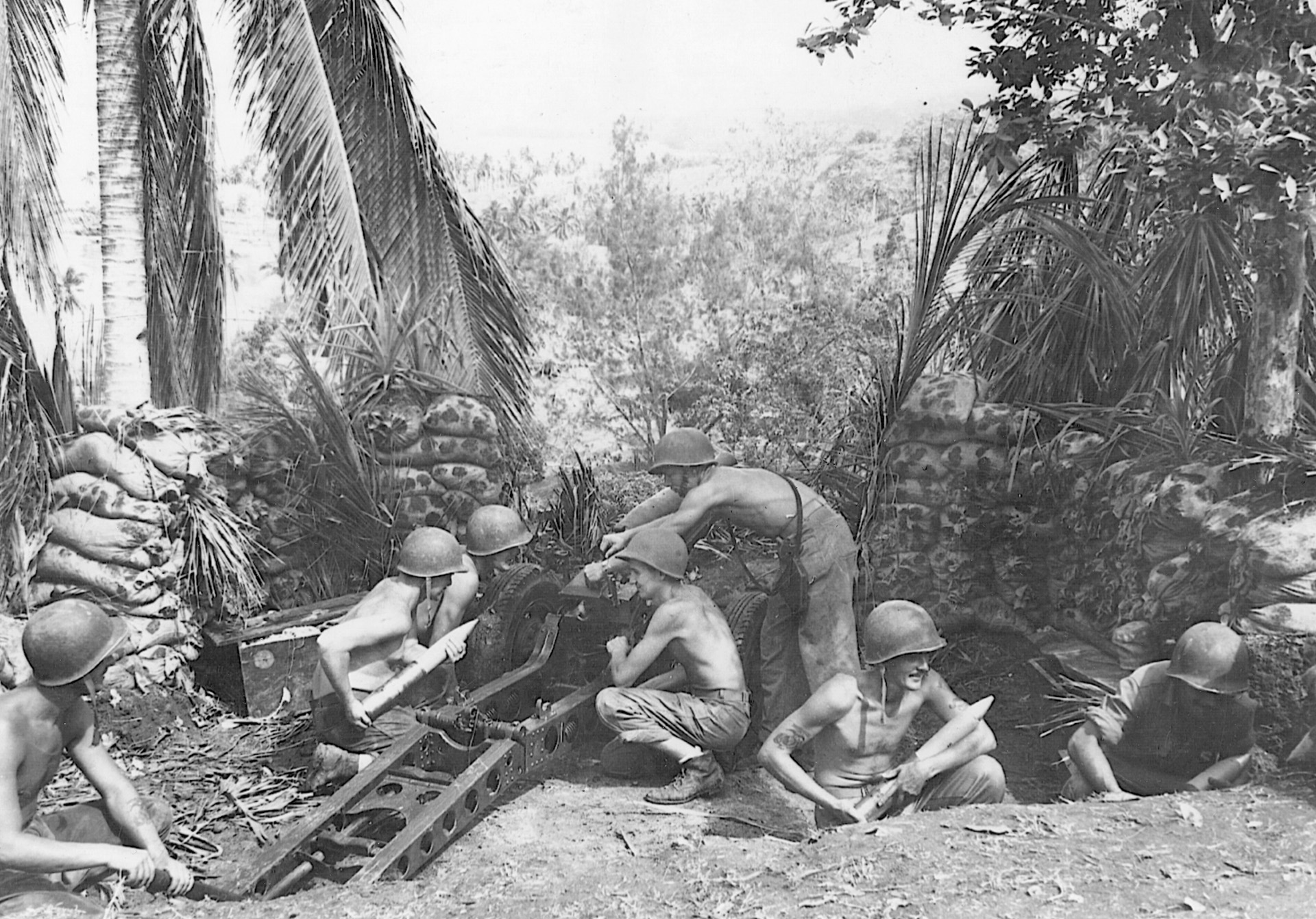 In a position formerly held by the Japanese, Marines prepare a field artillery piece for the coming action.