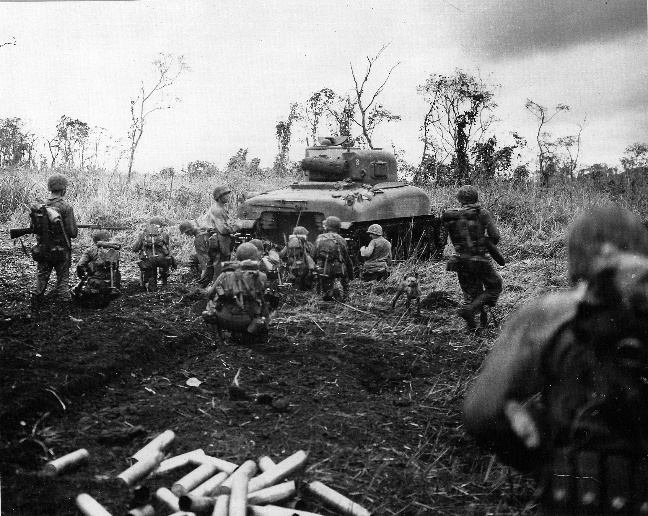 With armor leading the way, U.S. Marines advance on a Japanese pillbox. Often, such enemy strongpoints had to be reduced by individual soldiers with satchel charges or point-blank fire from armored vehicles.