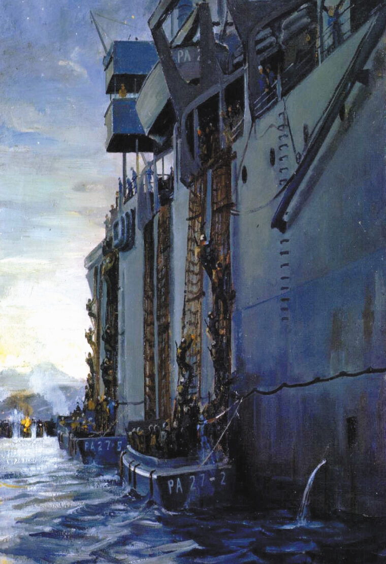 U.S. Marines descend cargo nets before being ferried ashore by landing craft in this painting by artist William Draper.