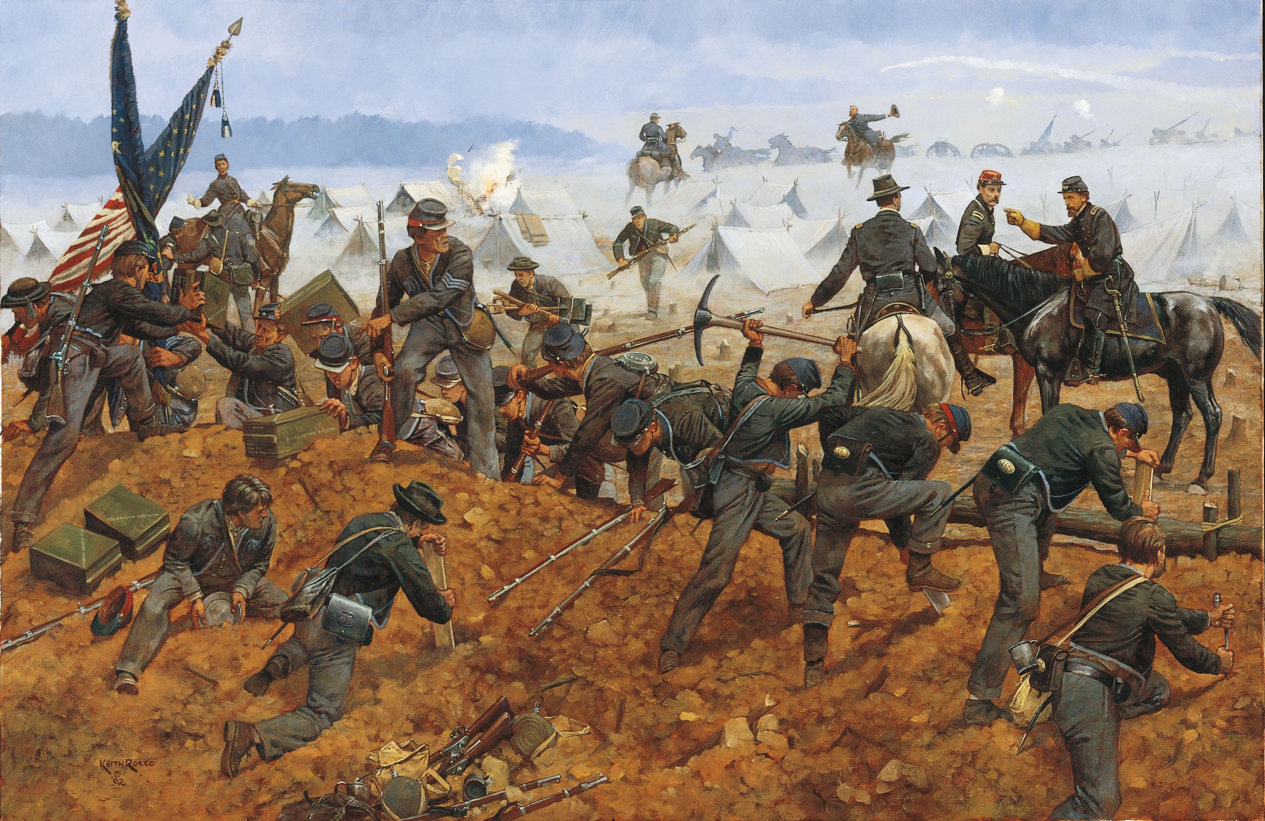 Union Colonel Edward L. Molineaux, mounted at right, has his brigade move to the opposite side of their breastworks to protect their rear from attack. It was too little too late. Painting by Keith Rocco.