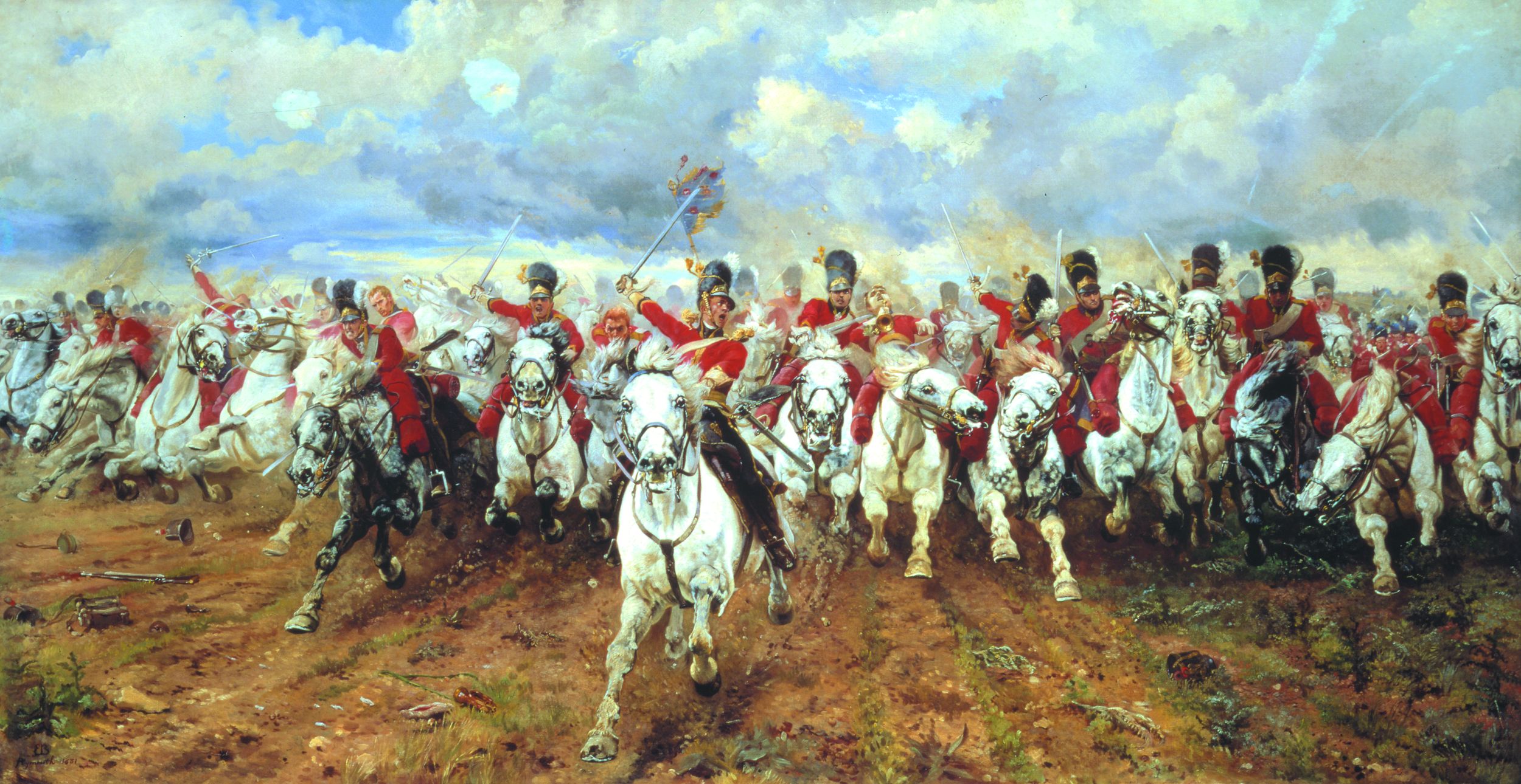 Lady Butler’s classic painting, “Scotland Forever,” depicts the charge of the Royal Scots Greys, part of the British heavy cavalry.