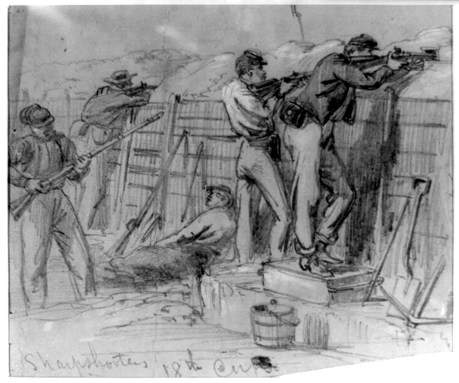 Sharpshooters from the Union’s XVIII Corps take aim in this illustration by Alfred R. Waud, originally published in Harper’s Weekly in August 1864.