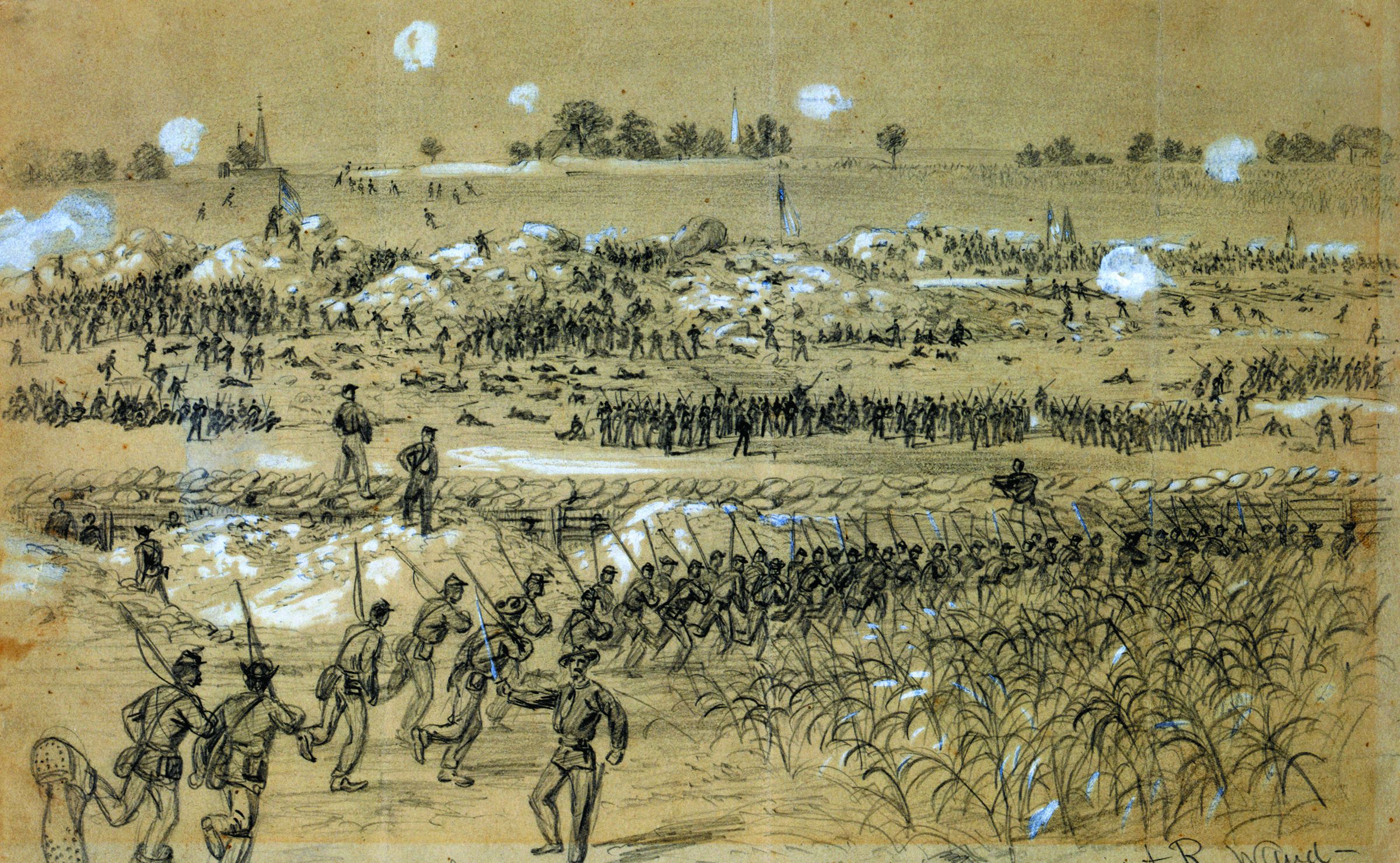 Union soldiers advance into the Crater after the explosion. In the middle distance are mounds of dirt thrown up by the literally ground-shaking explosion. Beyond are Cemetery Hill and the Confederate inner works. Also by Waud.