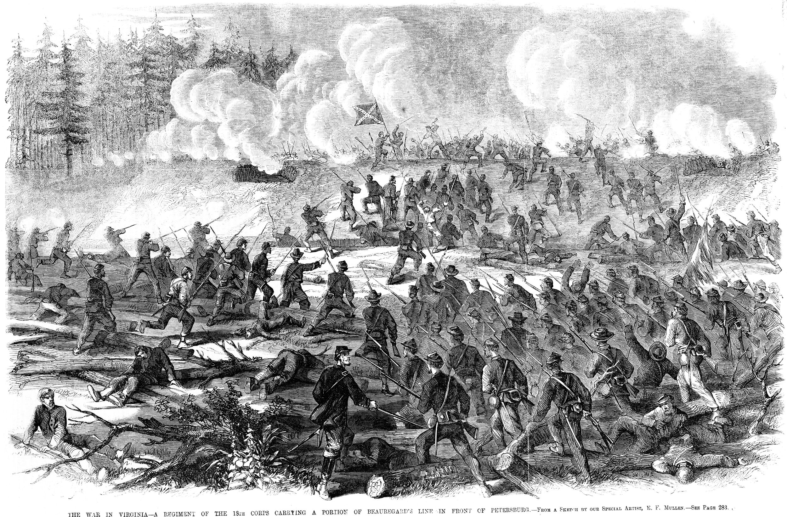 Battlefield artist E.F. Mullen contributed this sketch of the XVIII Corps overrunning a portion of the Confederate lines at Petersburg. Originally published in Frank Leslie’s Illustrated Newspaper.