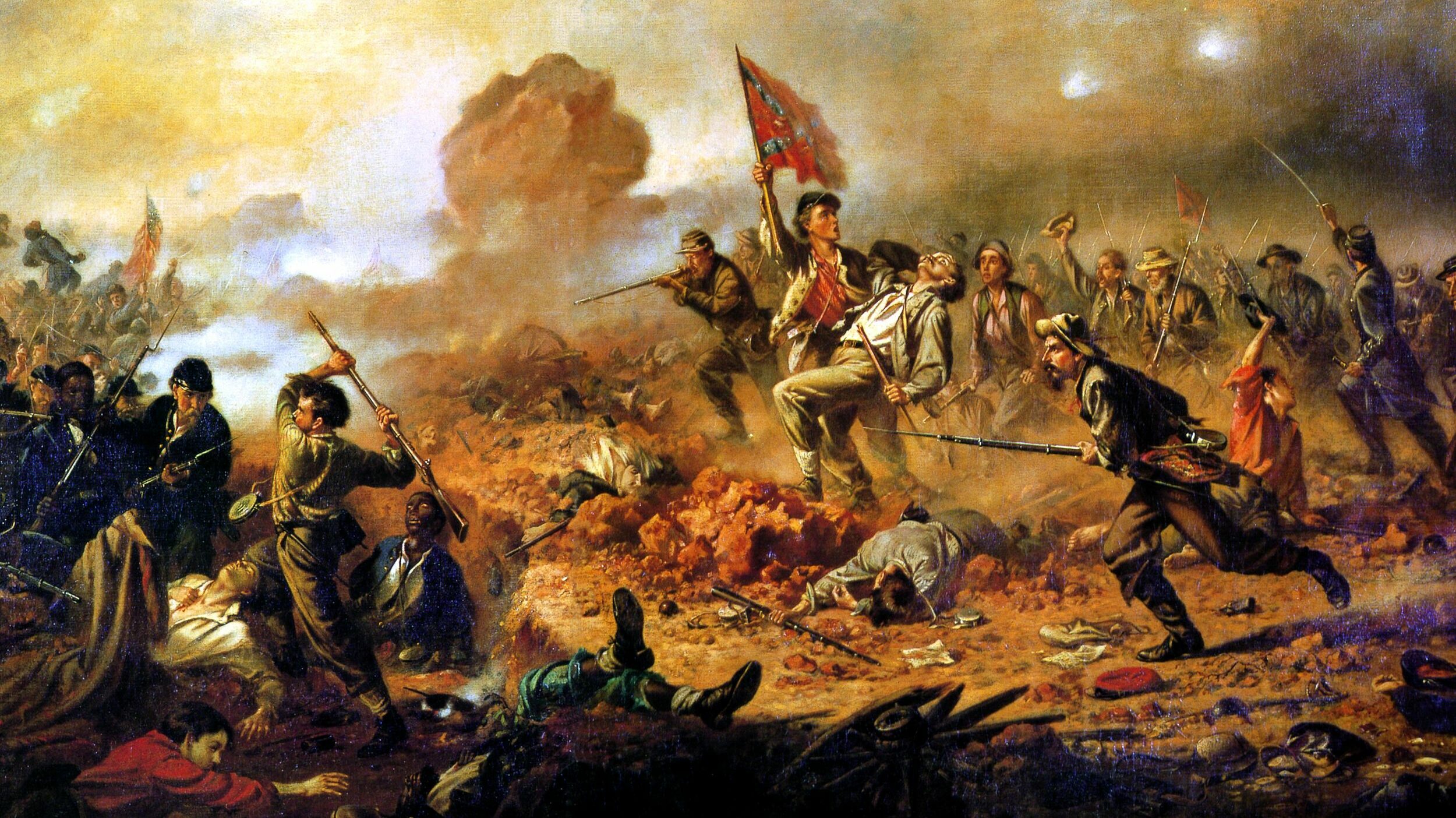 Rallying around their tattered flag, the 12th Virginia Infantry crashes into the Federal vanguard of Brigadier General Edward Ferrero at the edge of the Crater. Painting by John Adams Elder.