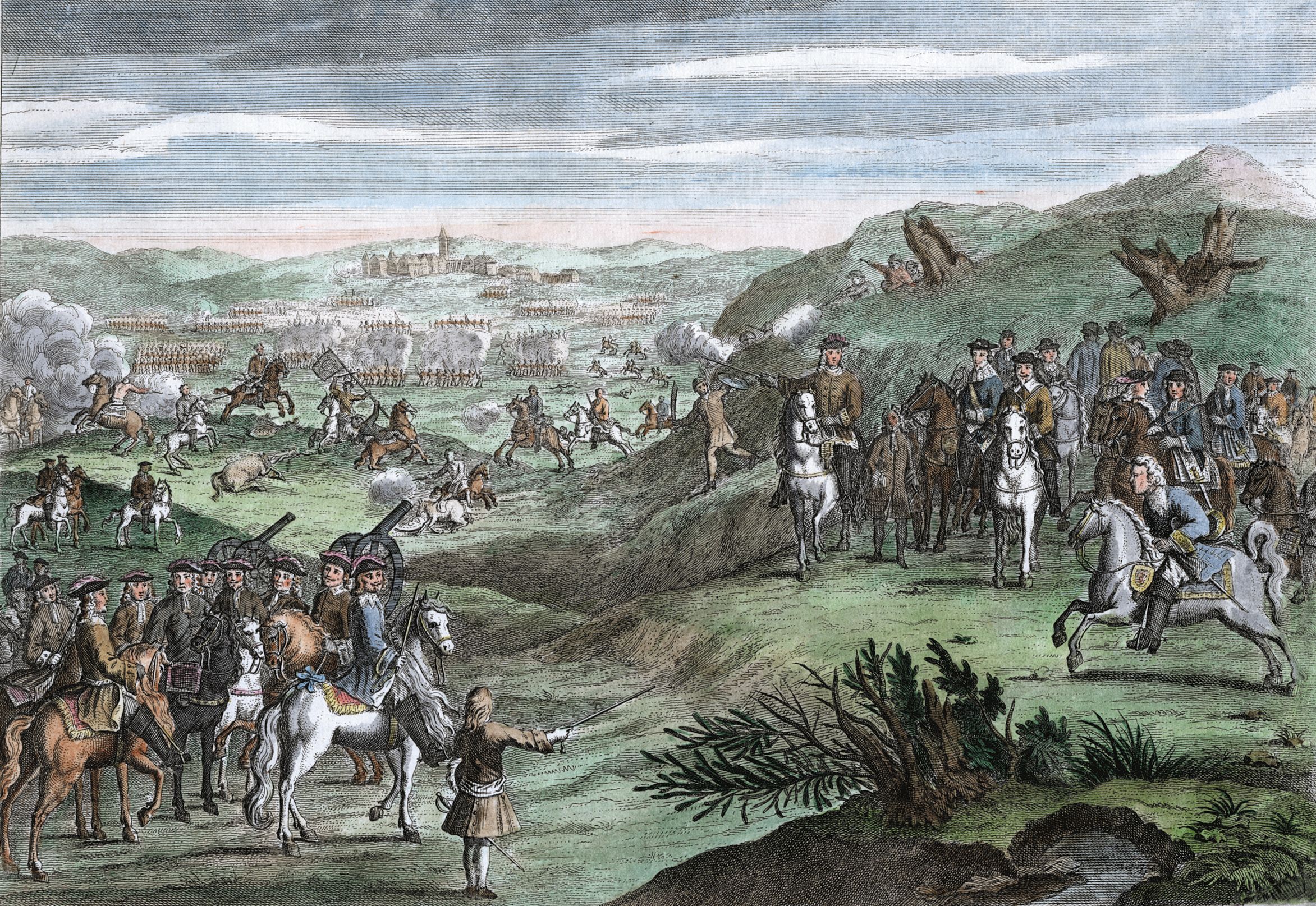 King Charles and his commanders, bottom left, look across the field at Edgehill toward the enemy Roundheads.