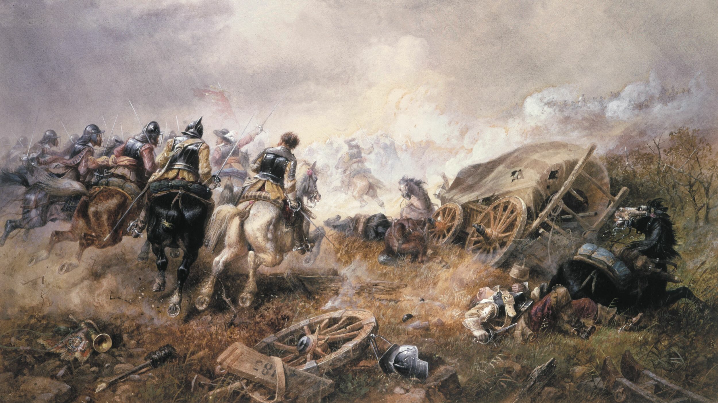 At the Battle of Edgehill, Cavalier horsemen broke off their attack to loot the Roundhead wagon train, fatally stalling their own momentum. Painting by Richard Beavis. The Art Archive/Private Collection