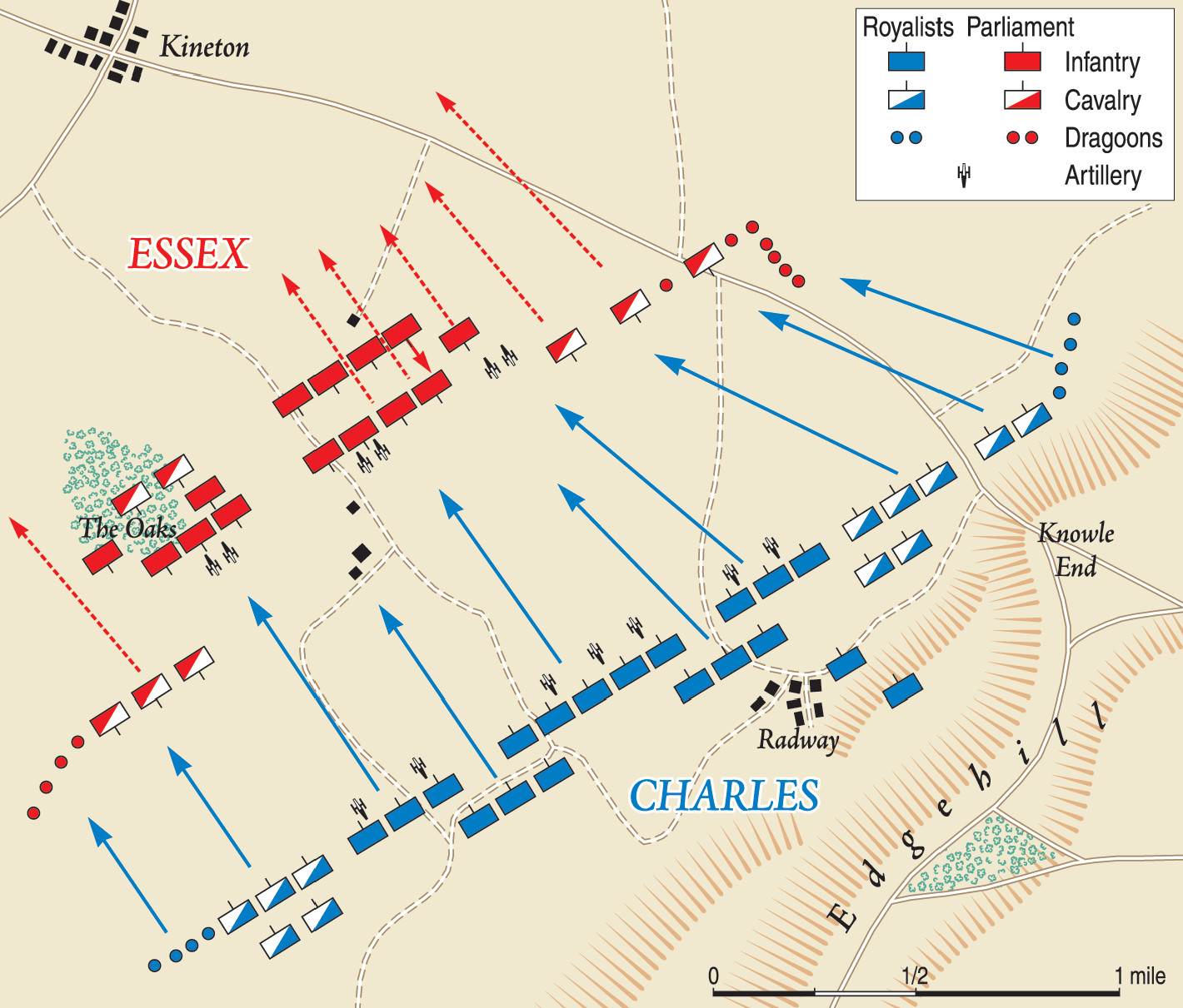 Although holding the high ground between the Roundheads and London, King Charles decided to take the offensive at Edgehill. It was a fateful decision.